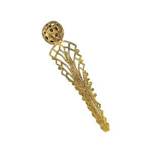 Art Deco Gold Tone Filigree Hat Pin Brooch With Ornate Design & Sphere Top
